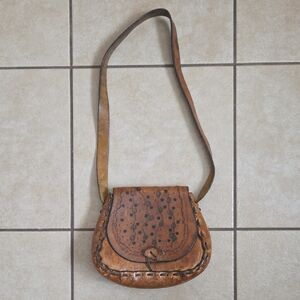 Vintage Hand Tooled Brown Leather Crossbody Bag